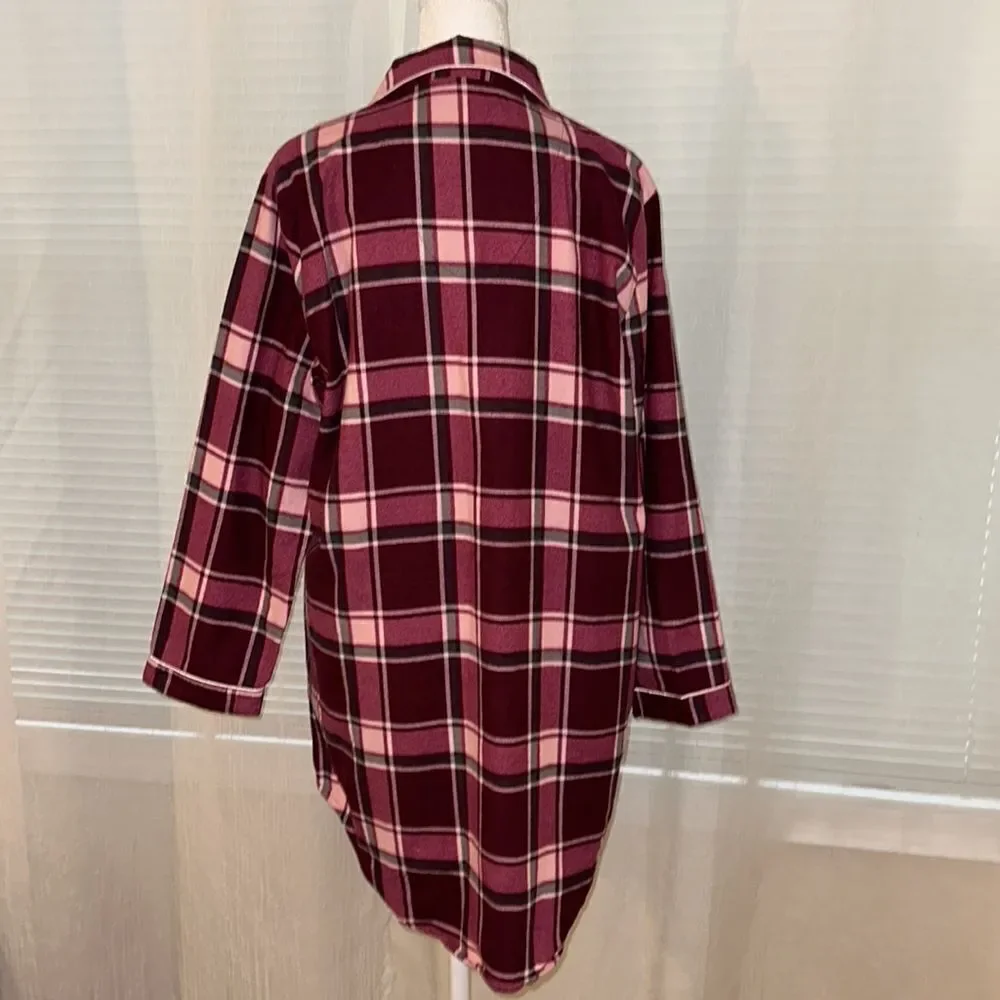 Erxeelo 12-14 Burgundy Pink Plaid Flannel 💯Cotton Pajama Sleep Long Sl Shirt